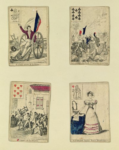Four playing cards commemorating the heroes of July 1830, 1831 by French School